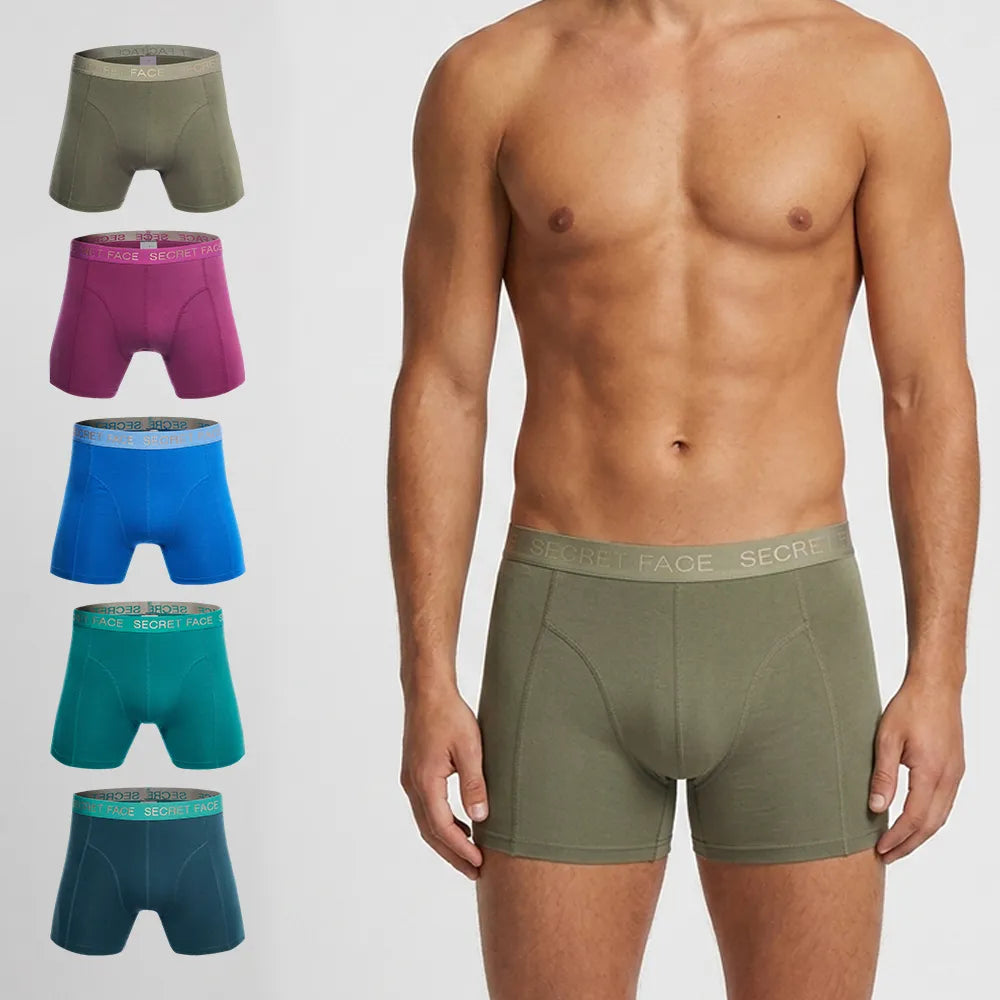 Secret Face Men's Stretch Cotton Boxer Briefs 5-Pack - Tight Fit, Flexible, Solid Colors