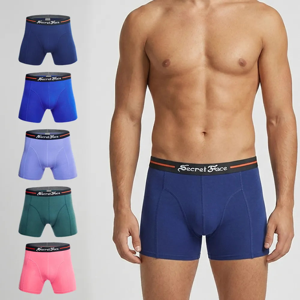 Secret Face Men's Premium Cotton Boxer Briefs 5-Piece Set - Flexible Tight Fit, Breathable & Durable