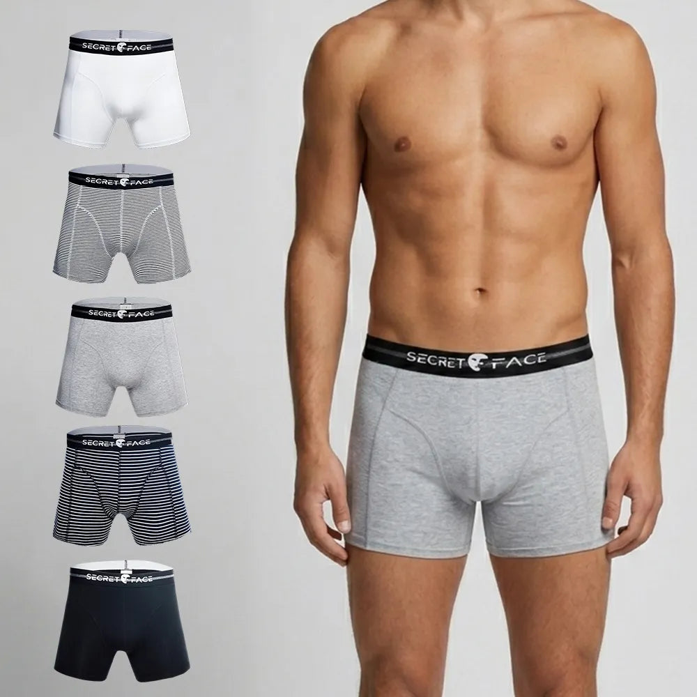 Secret Face Men's Boxer Briefs 5-Pack - Assorted Stripes & Solids, Soft Stretch Cotton, Comfort Fit