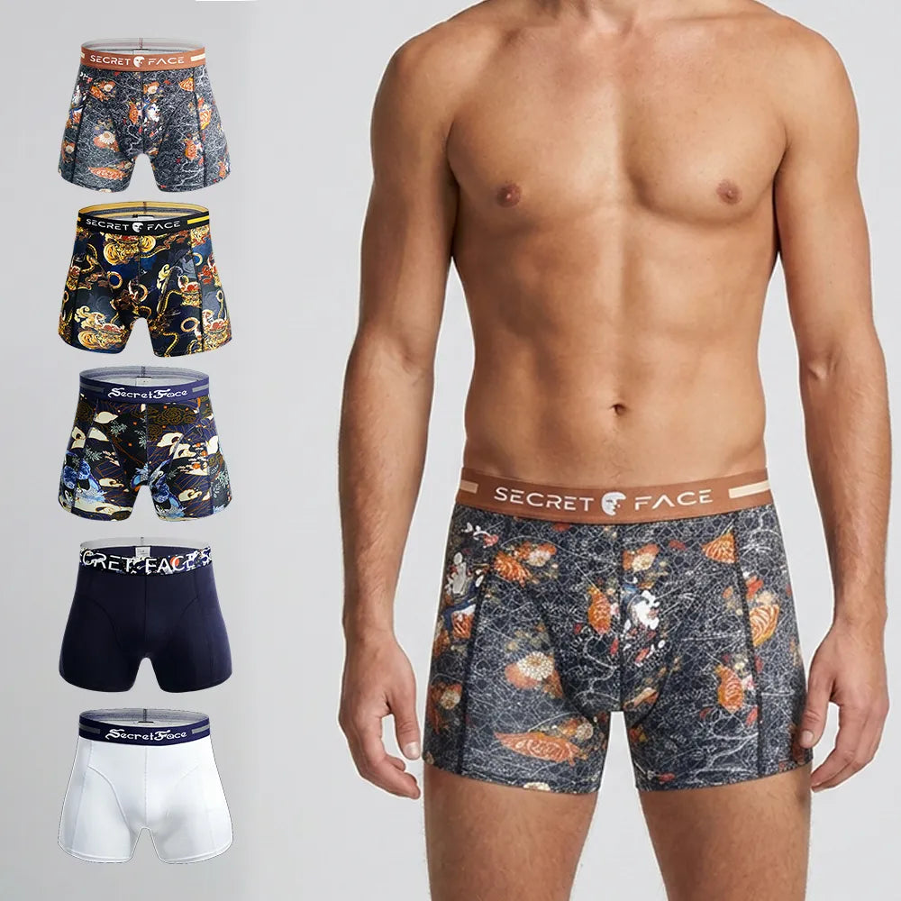 Secret Face Men's Trunks 5-Pack - Japan Samurai Print, Premium Stretch Cotton, Comfort Fit Boxers