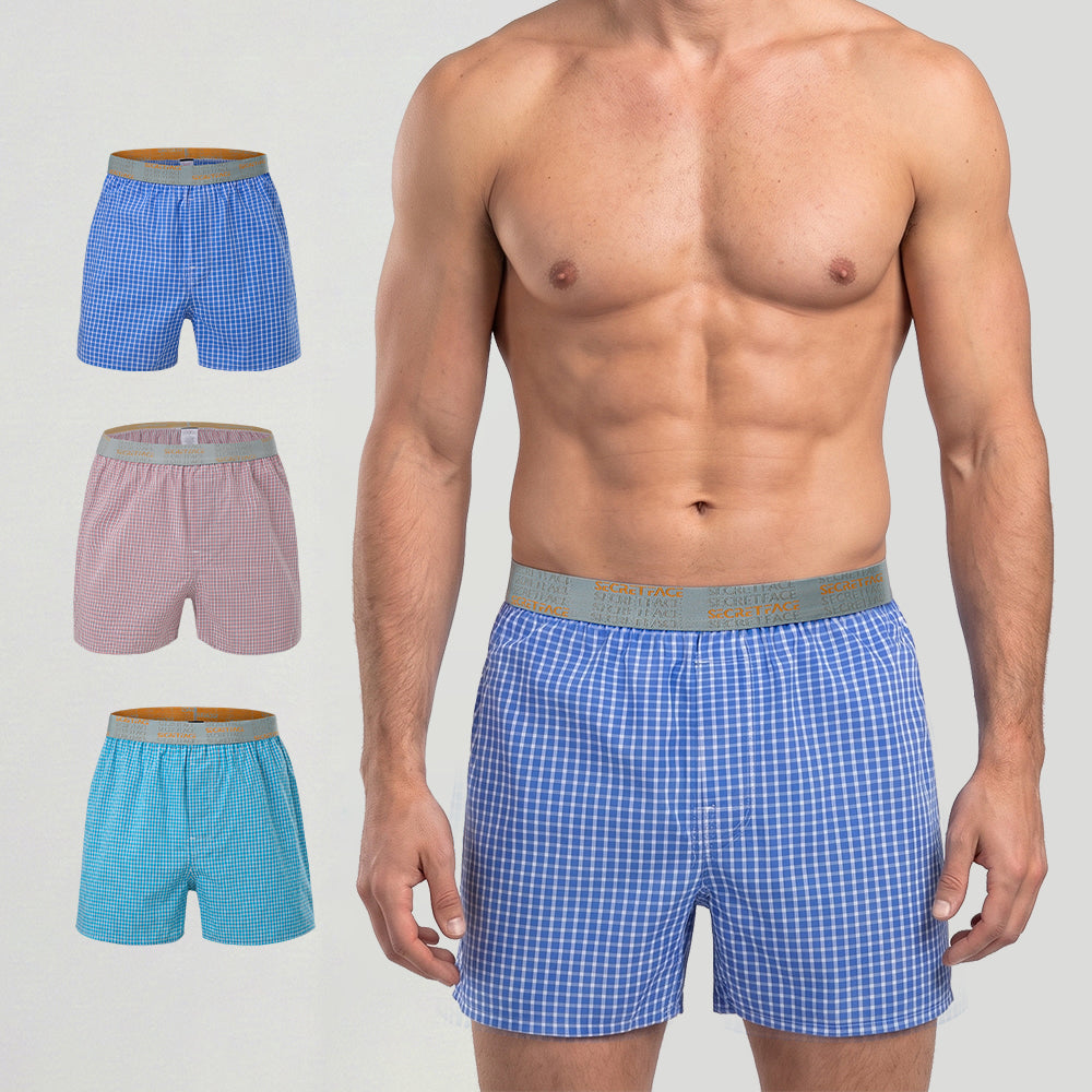 Secret Face Men's Woven Boxer Shorts 3-Pack - Classic Gingham Check, Soft Cotton, Elastic Waistband