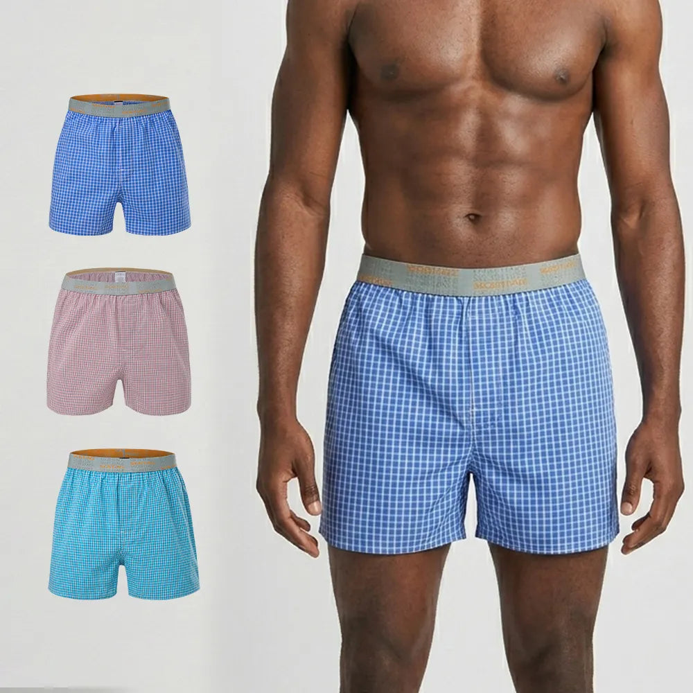Secret Face Men's Woven Boxer Shorts 3-Pack - Classic Gingham Check, Soft Cotton, Elastic Waistband