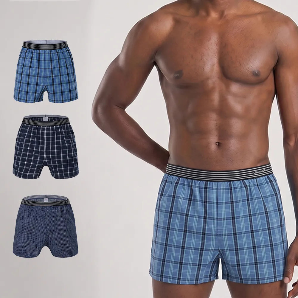 Secret Face Men's 3-Pack Woven Boxer Shorts - 100% Cotton, Loose Fit, Elastic Waistband, Assorted Plaid & Dot Patterns