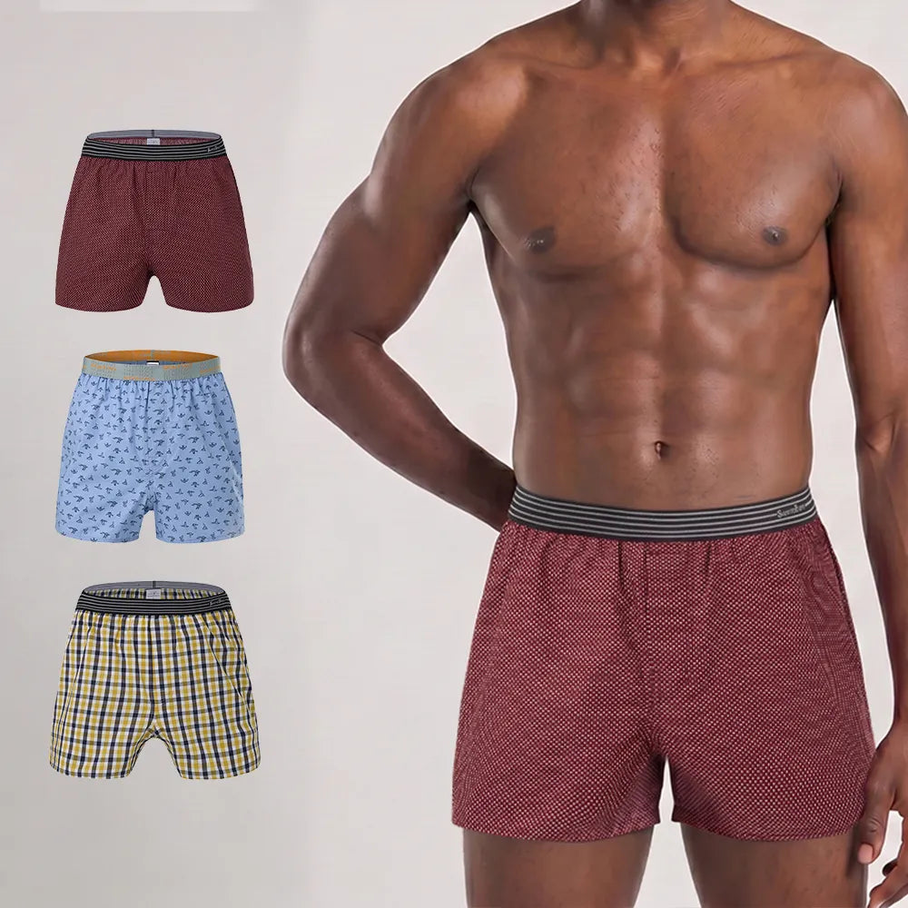 Secret Face Men's 3-Pack Woven Boxer Shorts - Soft Cotton, Loose Fit, Elastic Waistband, Assorted Animal & Plaid Prints