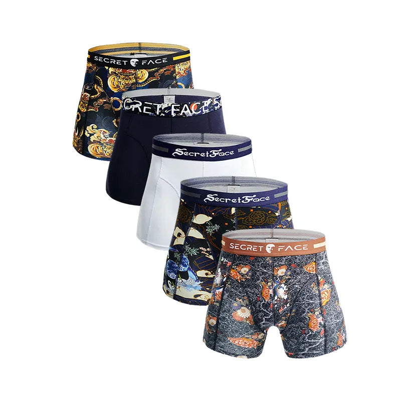 Secret Face Men's Trunks 5-Pack - Japan Samurai Print, Premium Stretch Cotton, Comfort Fit Boxers