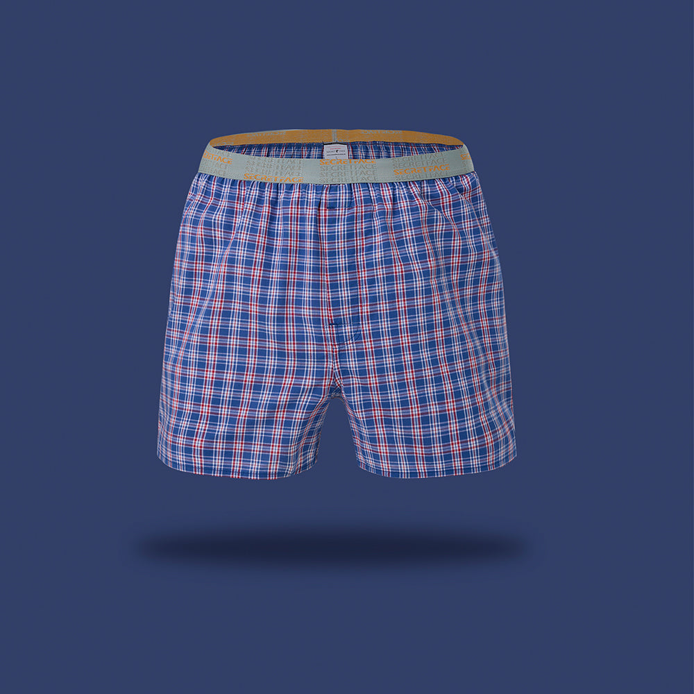 Secret Face Men's Woven Boxer Shorts - Navy Blue & Red Plaid, 100% Cotton, Loose Fit, Elastic Waistband