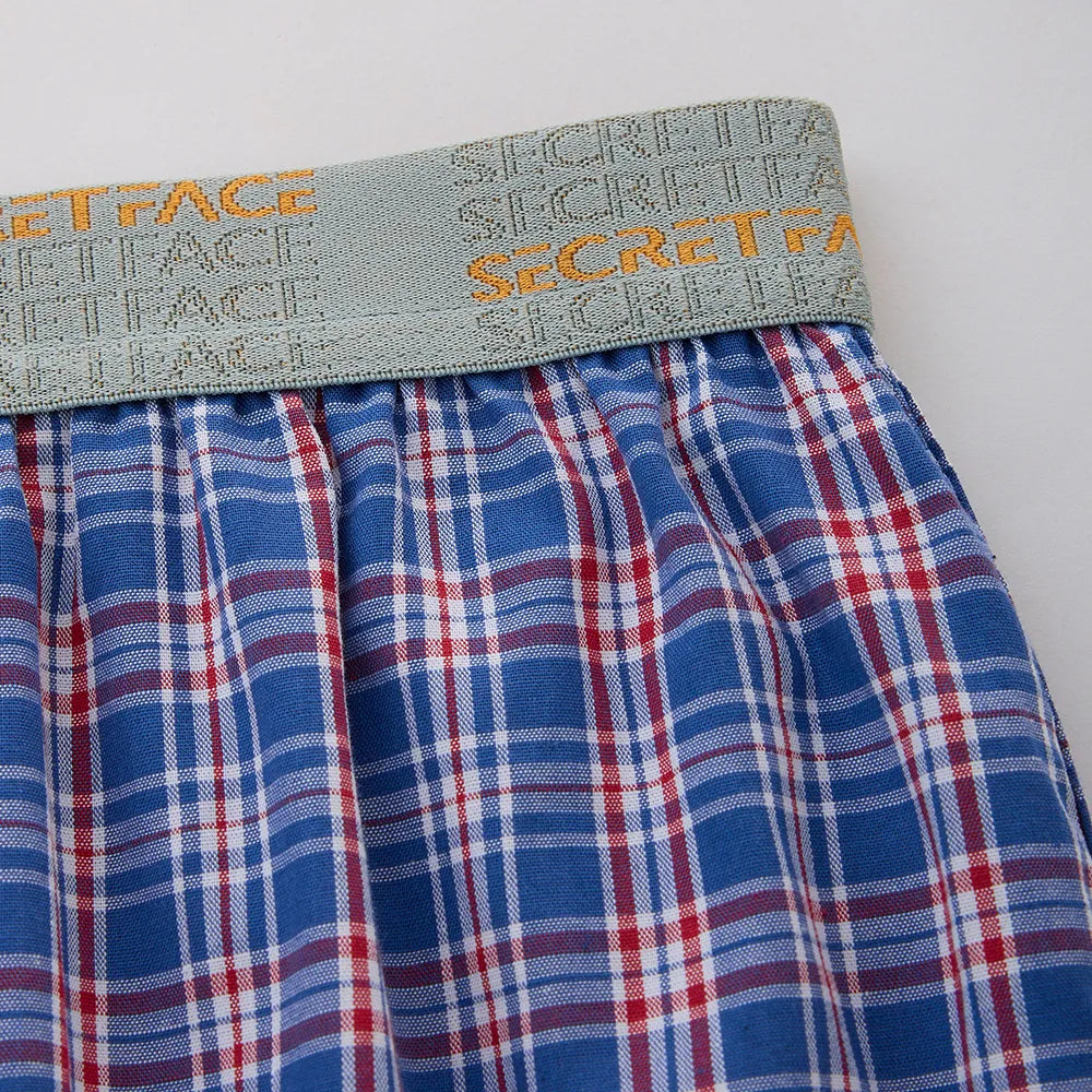 Secret Face Men's Woven Boxer Shorts - Navy Blue & Red Plaid, 100% Cotton, Loose Fit, Elastic Waistband