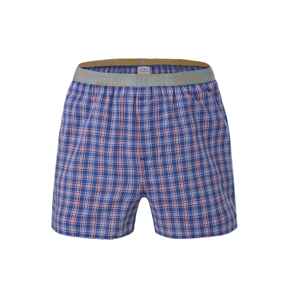 Secret Face Men's Woven Boxer Shorts - Navy Blue & Red Plaid, 100% Cotton, Loose Fit, Elastic Waistband