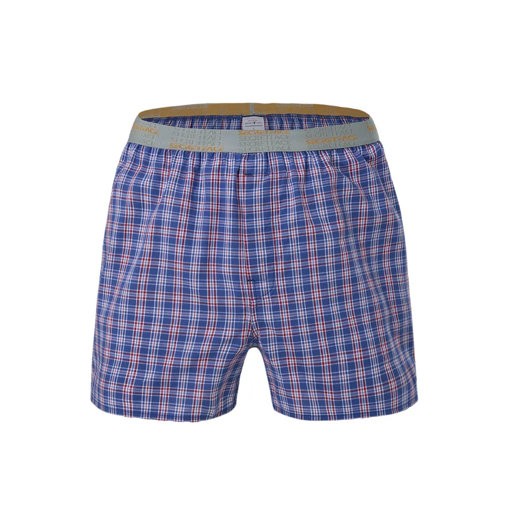 Secret Face Men's Woven Boxer Shorts - Navy Blue & Red Plaid, 100% Cotton, Loose Fit, Elastic Waistband