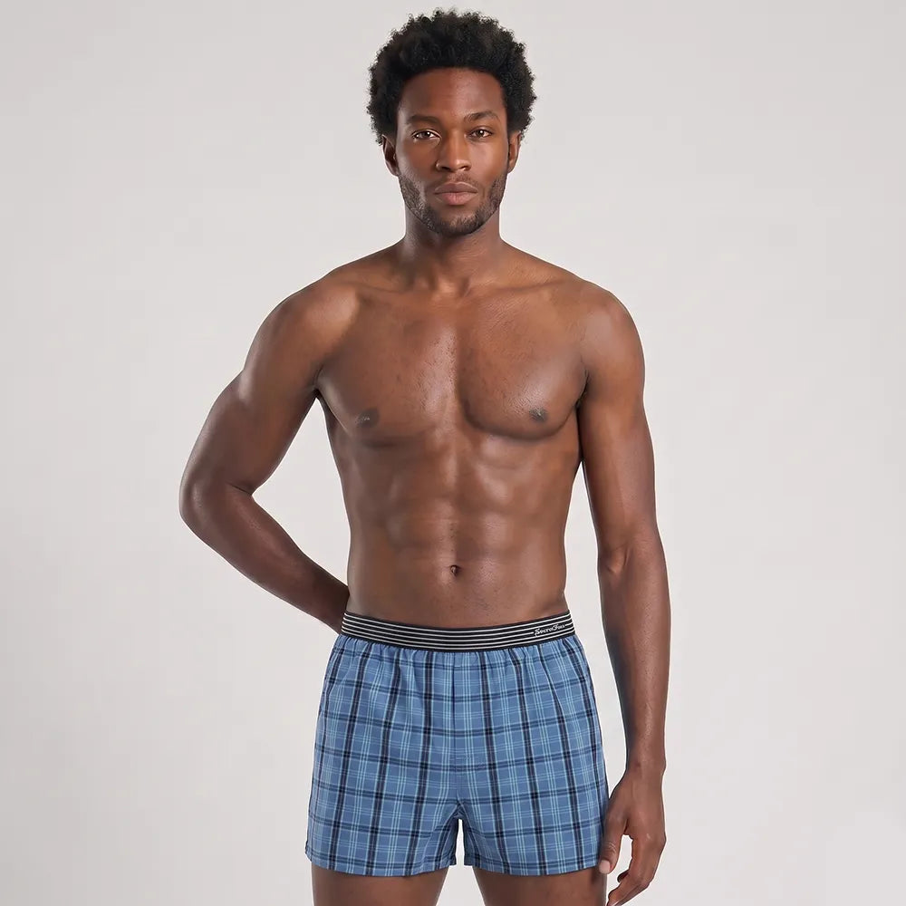 Secret Face Men's 3-Pack Woven Boxer Shorts - 100% Cotton, Loose Fit, Elastic Waistband, Assorted Plaid & Dot Patterns