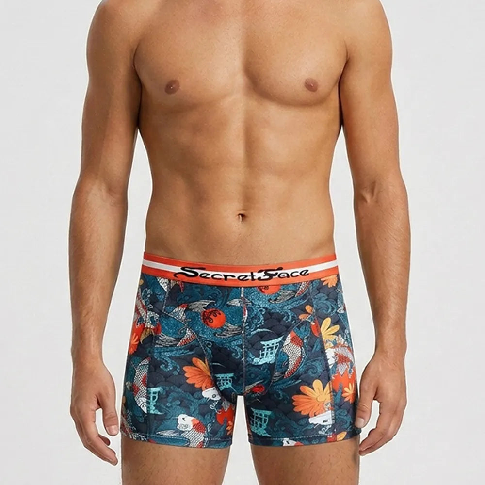 Secret Face Men's Stretch Boxer Briefs - Luxury Comfort, Flexible Tight Fit, Durable Cotton Blend (Assorted Novelty & Solid Prints)-Koi Temple