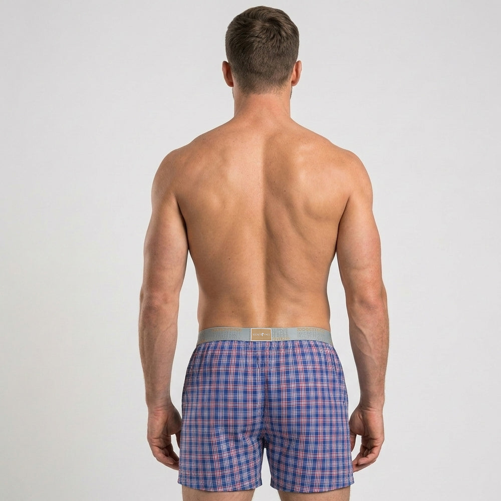 Secret Face Men's Woven Boxer Shorts - Navy Blue & Red Plaid, 100% Cotton, Loose Fit, Elastic Waistband