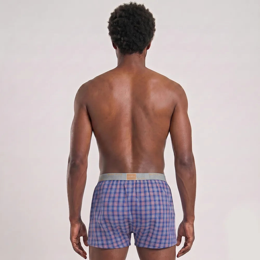 Secret Face Men's Woven Boxer Shorts - Navy Blue & Red Plaid, 100% Cotton, Loose Fit, Elastic Waistband