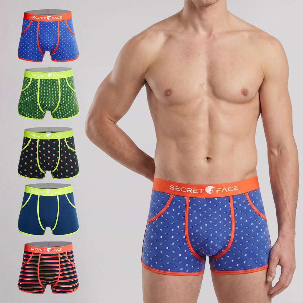 Secret Face Men's Vintage 60s Vintage Trunks - 5-Pack Boxed Set, Stretch Cotton Retro Underwear