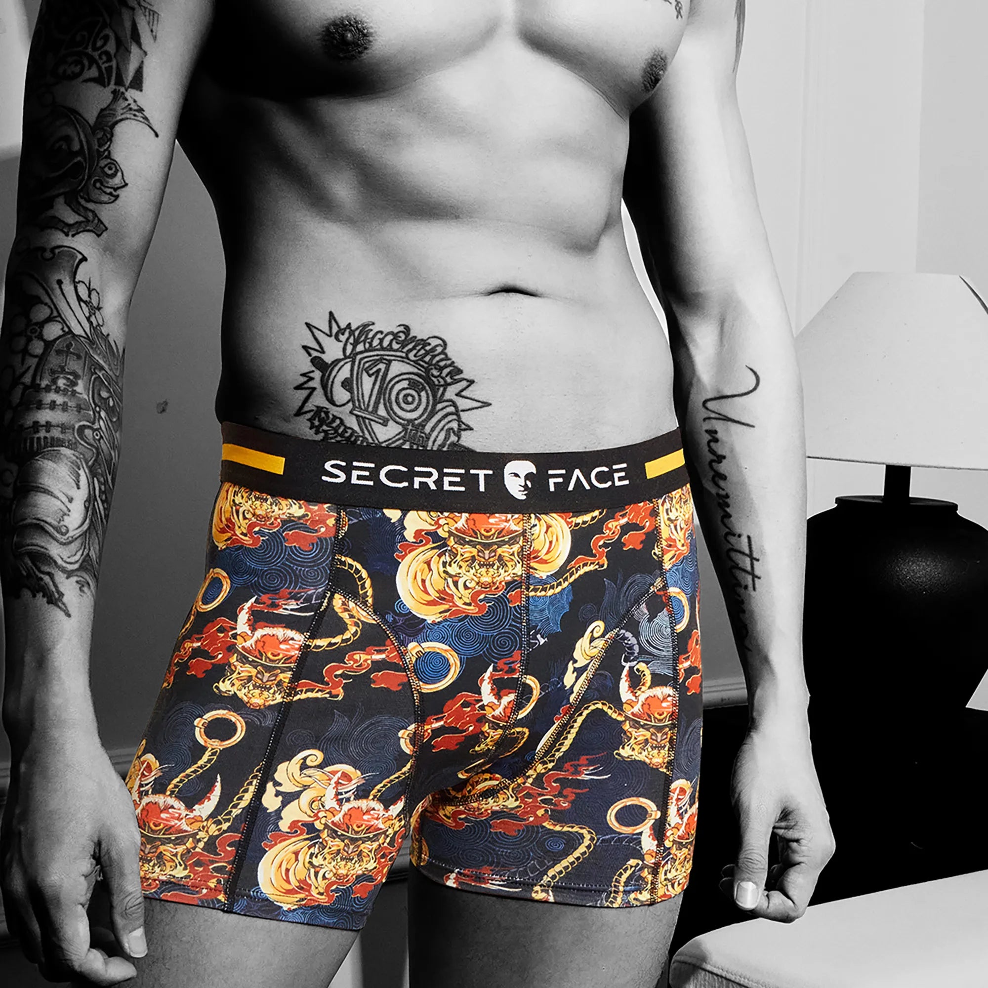 Secret Face Men's Trunks 5-Pack - Japan Samurai Print, Premium Stretch Cotton, Comfort Fit Boxers